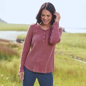 Waffle-Texture Knit Top Henley, Long Sleeves, Curved Hem